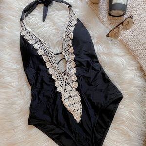 Mossimo 1 Piece Plunge Neck Black Lace Bathing Sui